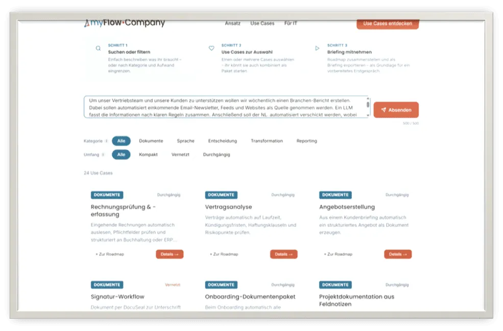 Der User sucht direkt in der Galerie einen passenden Use-Case – oder er macht einen Prompt