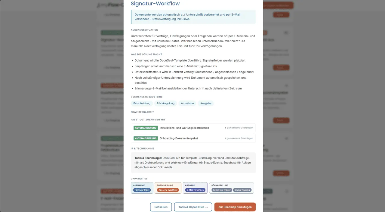 Abbildung: Screenshot studio.myFlow – Detailansicht zu einem Use Case (hier: Signatur-Workflow, elektronische Unterschriften einleiten und verwalten)