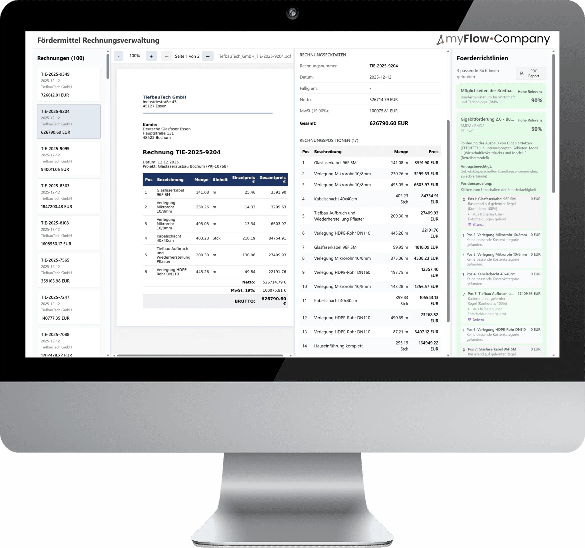Abbildung: Screenshot von myFlow• InvoiceCheck – hier am Beispiel Gasfaserausbau