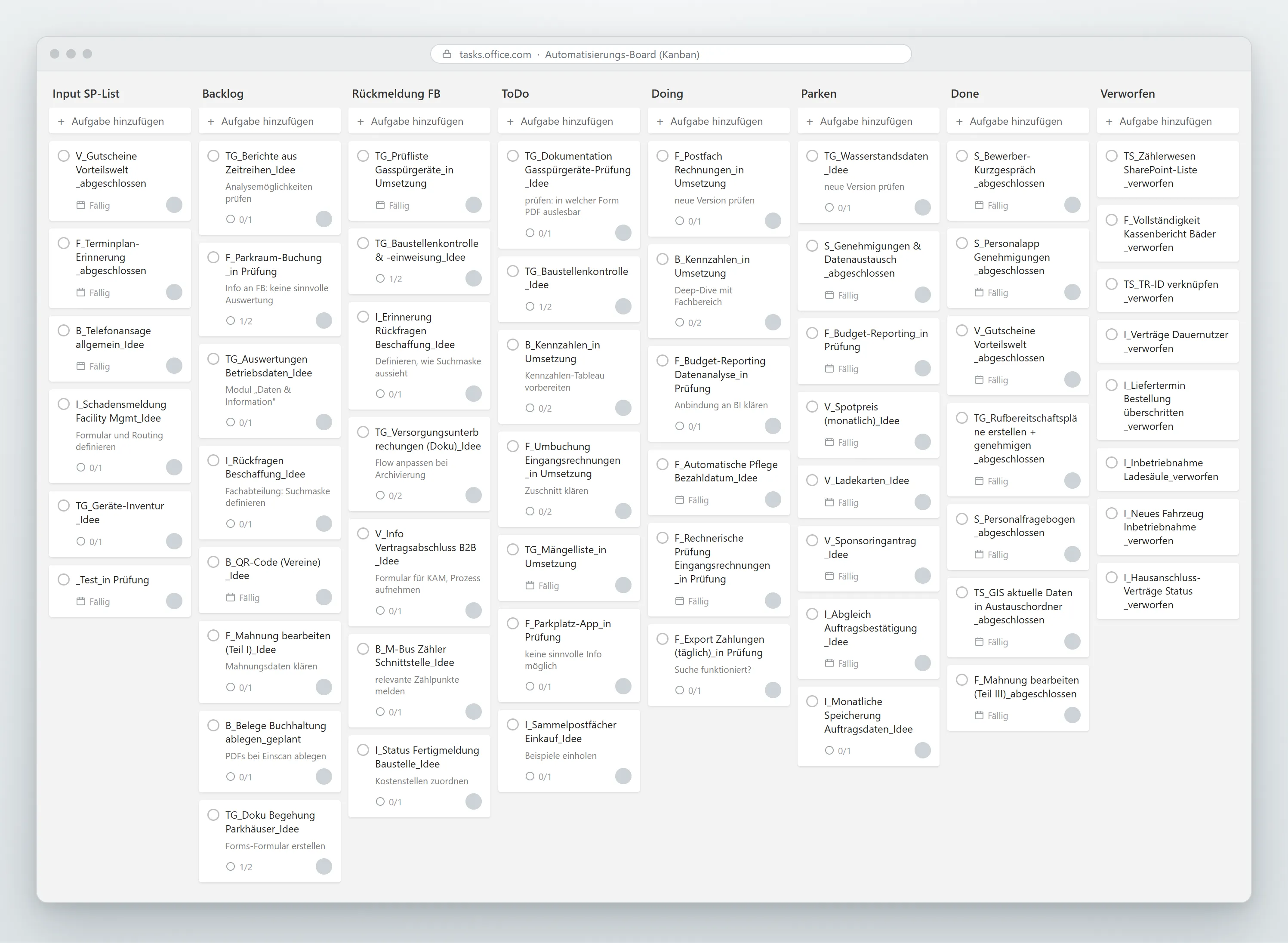 Kanban-Board mit den Spalten Eingang, Backlog, Rückmeldung Fachbereich, ToDo, Doing, Parken, Done und Verworfen