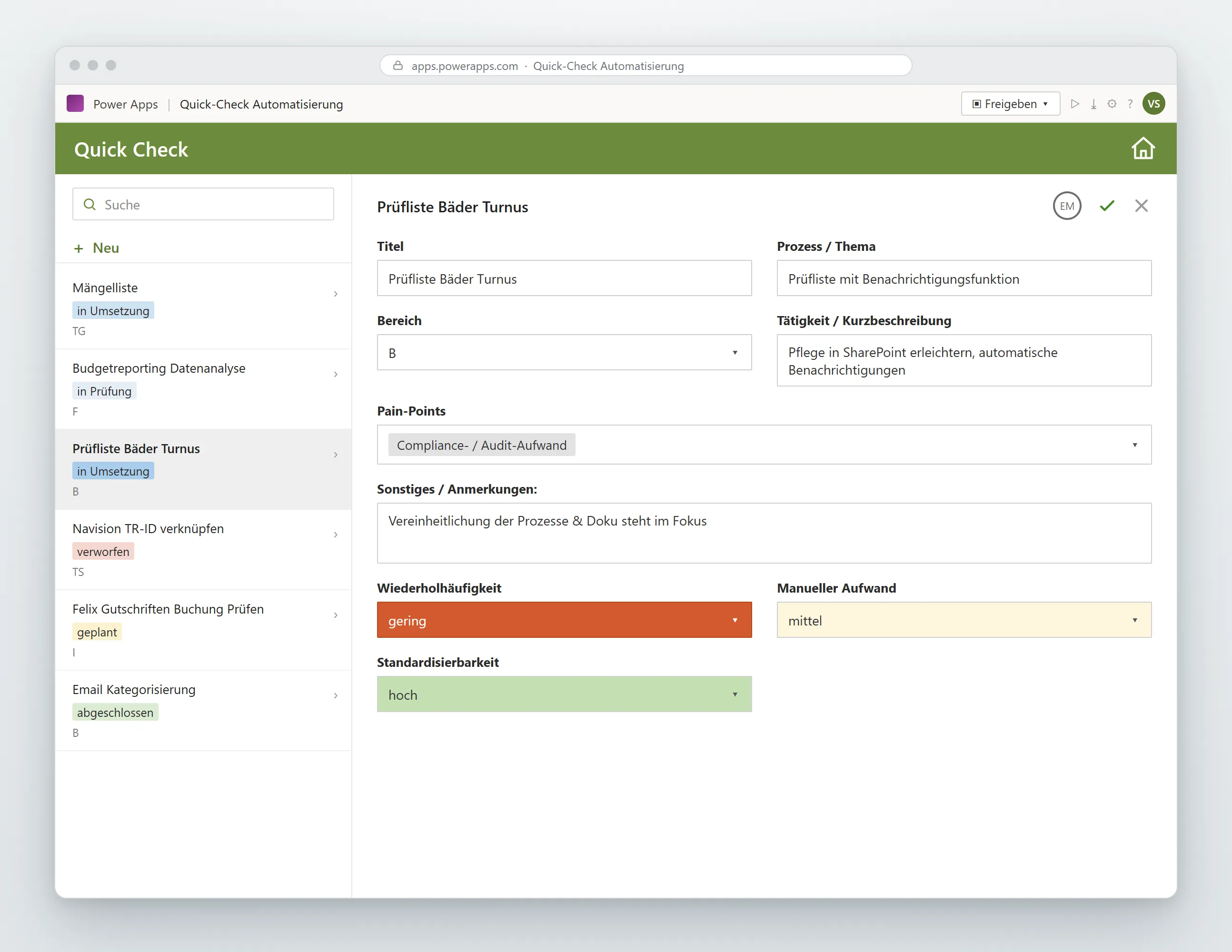 Quick Check als App auf der Microsoft-365-Umgebung: je Idee Bereich, Pain-Points, Wiederholhäufigkeit, manueller Aufwand und Standardisierbarkeit